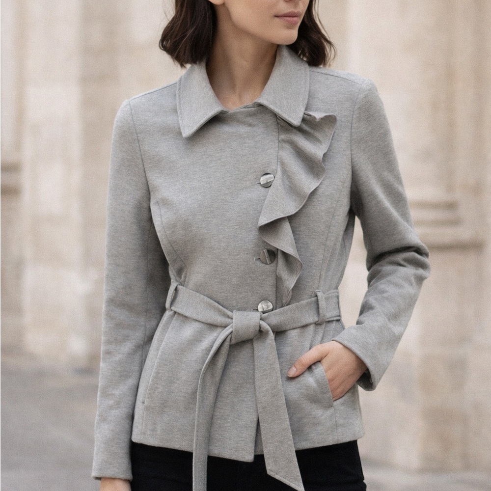 Sandro Gray Ruffle Belted Jacket w/ Pockets – Size Small‎